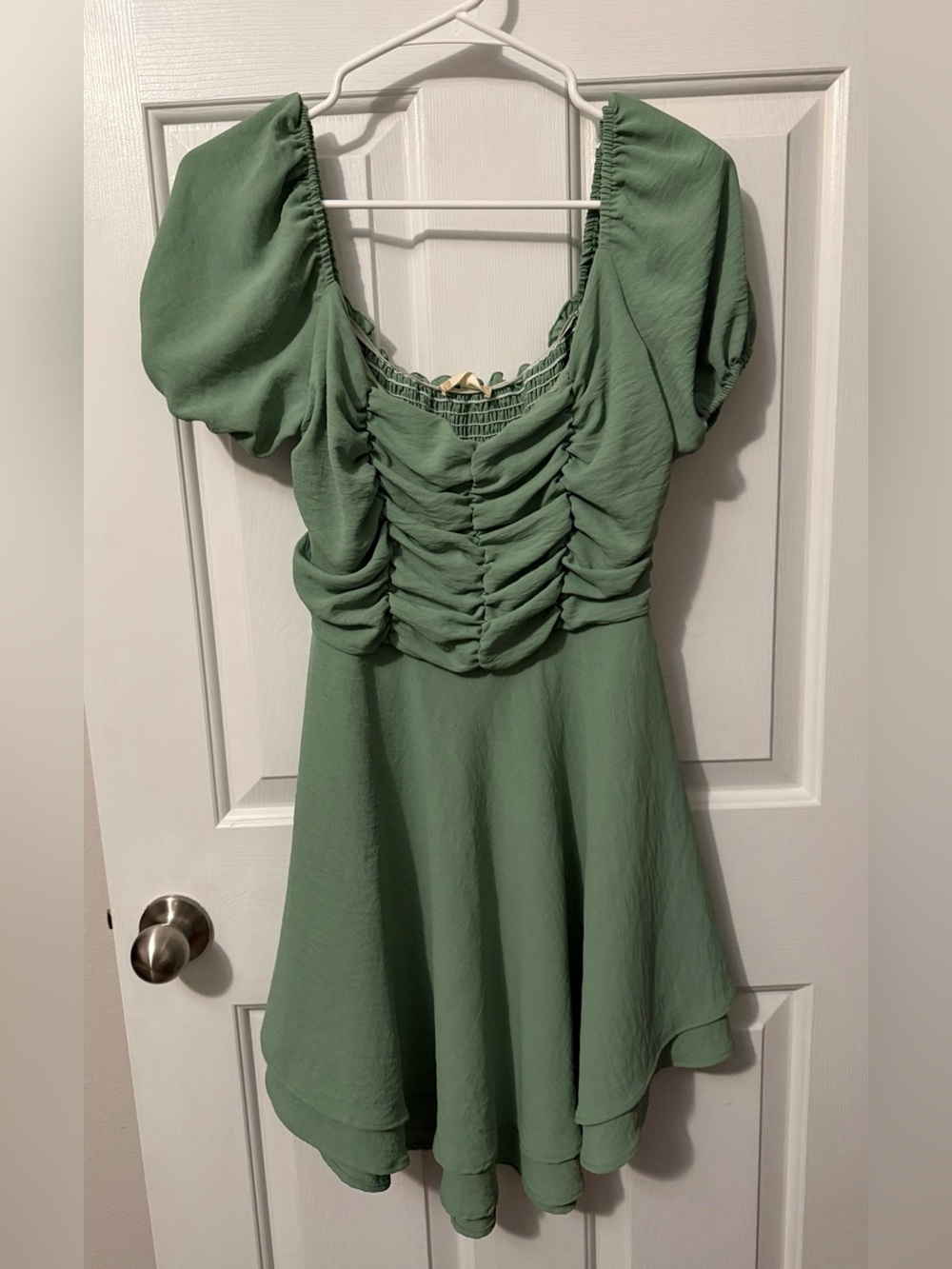 Altar'd State Sage Green Ruched Midi Dress